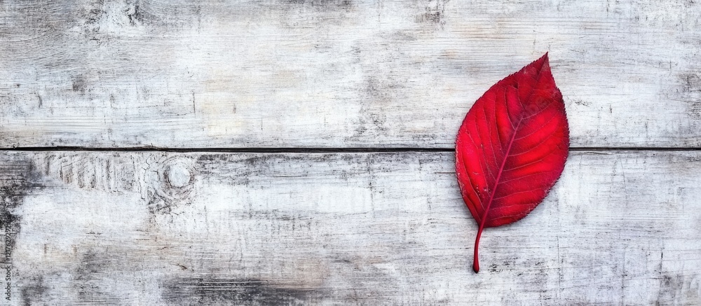 Poster red leaf on weathered wooden background with ample copy space for text.