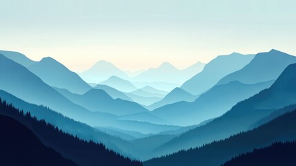 Fototapeta premium Blue mountain landscape with layers of hills and valleys in soft focus featuring copy space for text insertion.