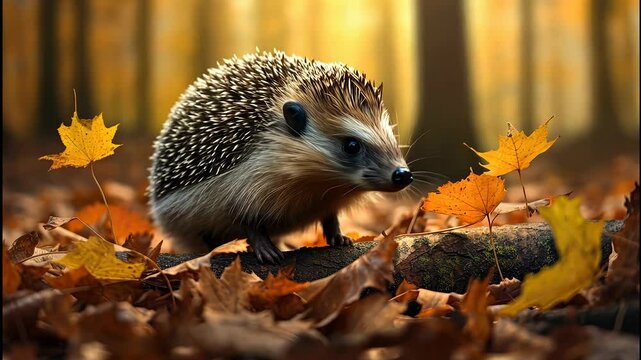 A curious hedgehog explores a vibrant autumn forest amidst fallen leaves and golden trees