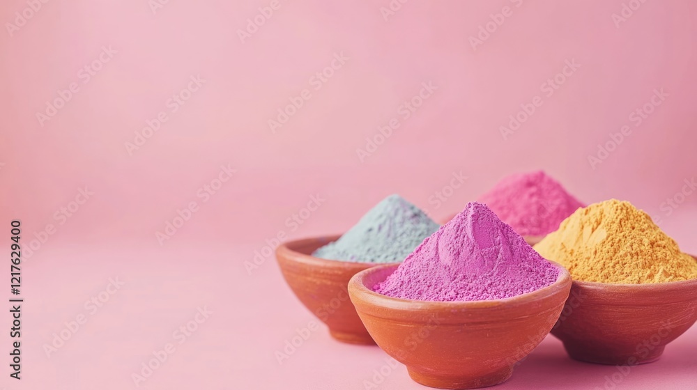 Aufkleber colorful powdered pigments in clay bowls on pink background with copy space for text. ideal for art 