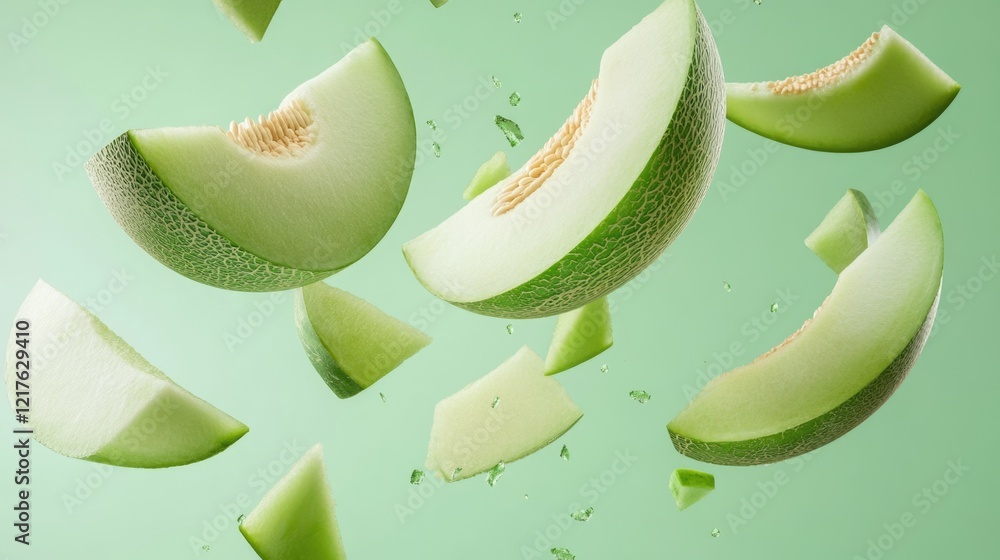 Aufkleber fresh green melon slices floating in the air against a light green background withcopy space for tex
