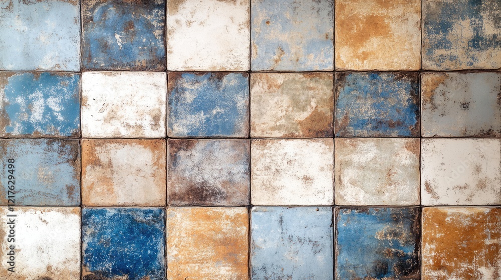 Poster old textured tiles in various shades of blue, brown, and white arranged in a grid pattern with copy 