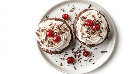 Chocolate cakes with whipped cream frosting and cherries on a white plate isolated on a white background Copy Space