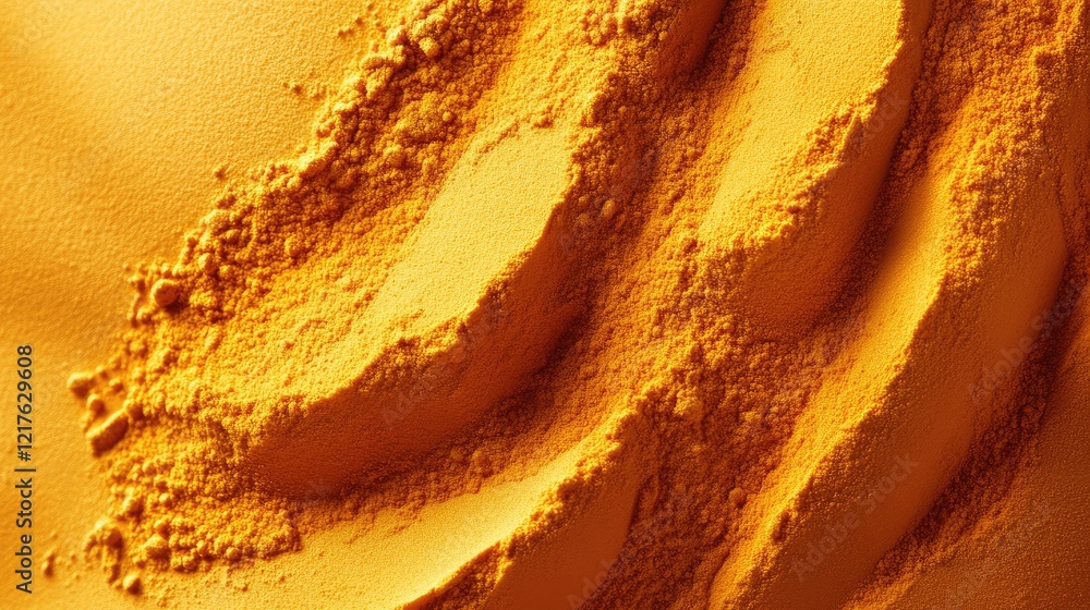 Poster bright orange powder with textured patterns and grooves on a smooth surface, showcasing fine granule