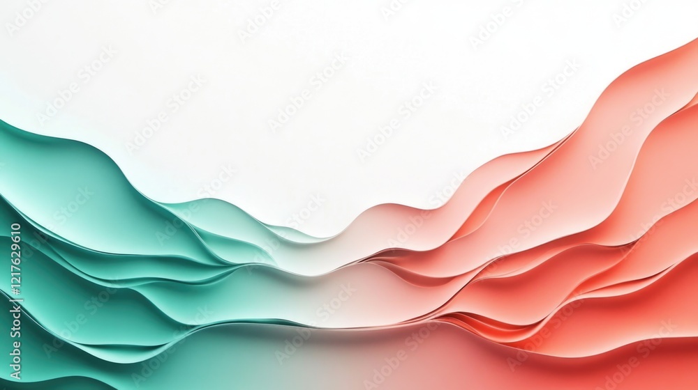 Poster abstract waves of teal and coral colors with smooth flowing lines on white background copy space for