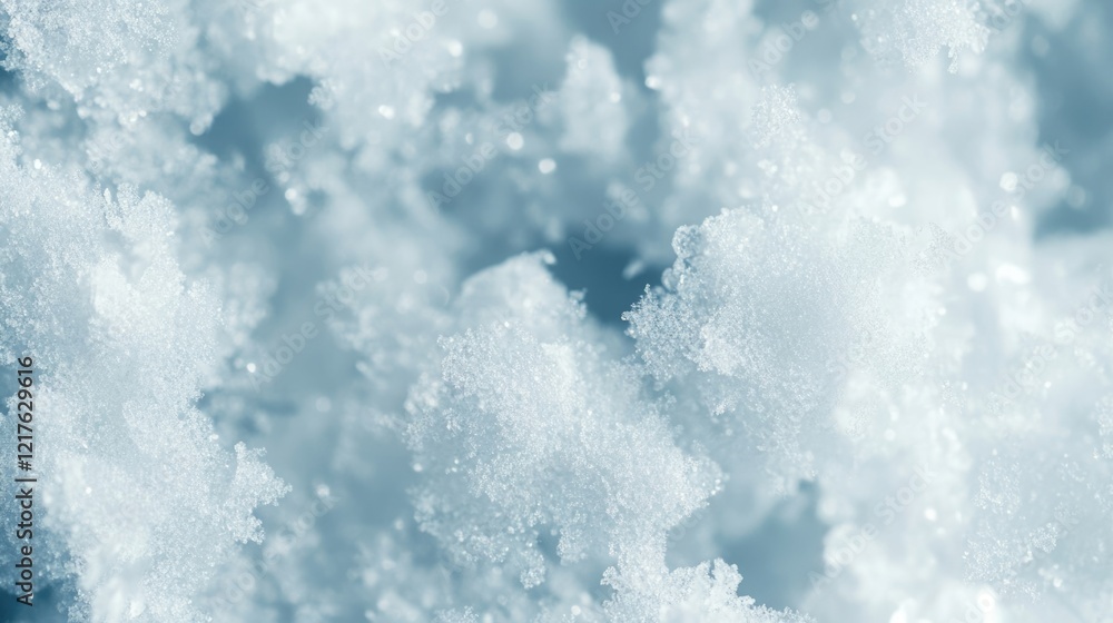 Poster close-up of snowflakes and snow texture with soft light and copy space for text