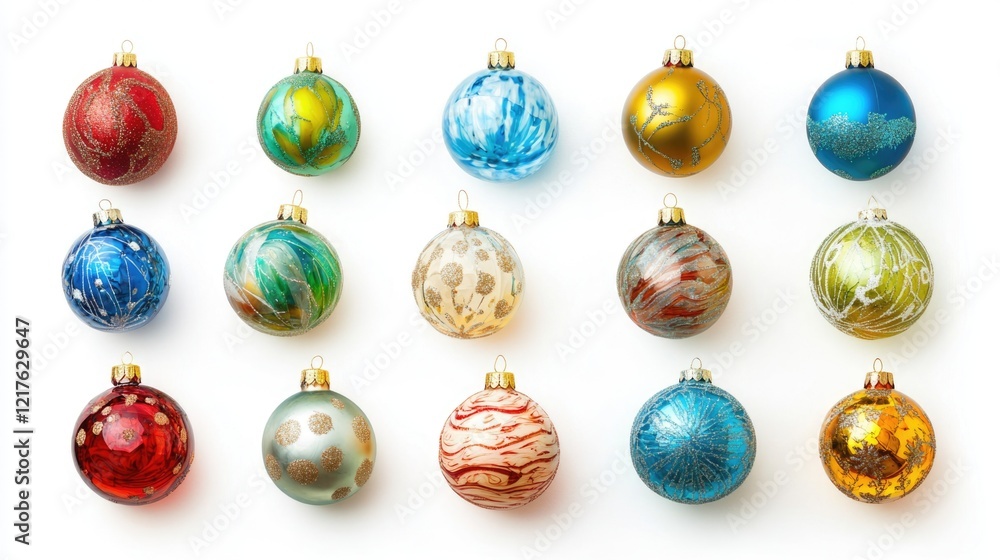 Poster colorful decorative christmas baubles arranged in a grid pattern on a white background with copy spa