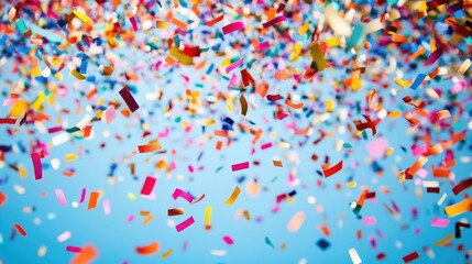 Colorful confetti falling against a blue sky background with plenty of copy space for text placement.