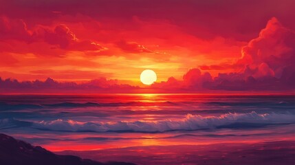 Vibrant sunset over ocean waves with dramatic clouds and colorful sky reflected on water surface Copy Space