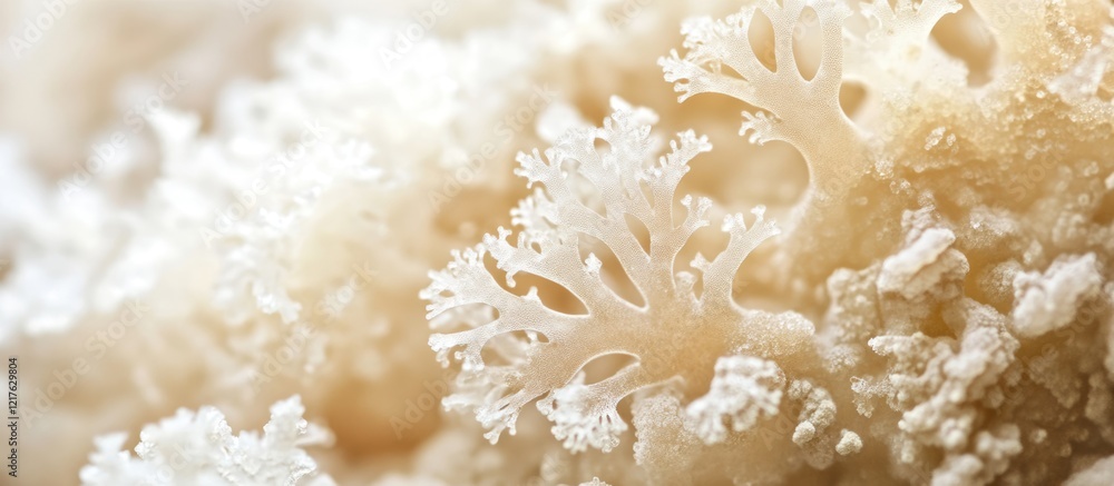 Poster Close-up view of white coral structure with intricate details and textures on a soft background Copy Space.