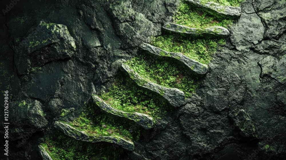 Poster stone staircase with moss growing on rocks in dark environment featuring ample copy space for text.