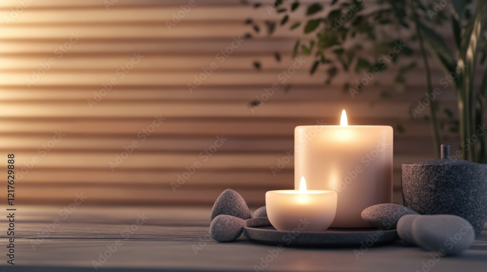 Poster calm setting with lit candles on wooden table surrounded by pebbles and plants with copy space for t