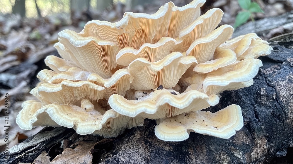 Poster fungal growth on decaying log with distinct layered structure and creamy color in natural woodland s