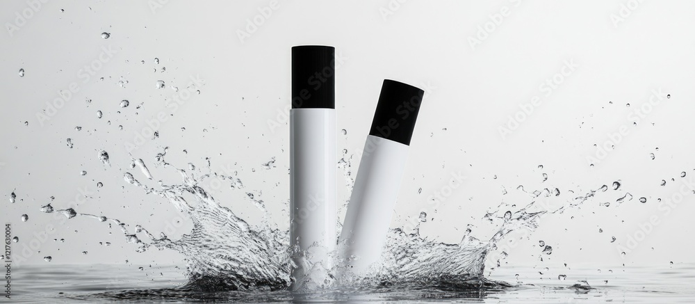 Poster stylish white markers creating splashes in water with black caps on a light background copy space