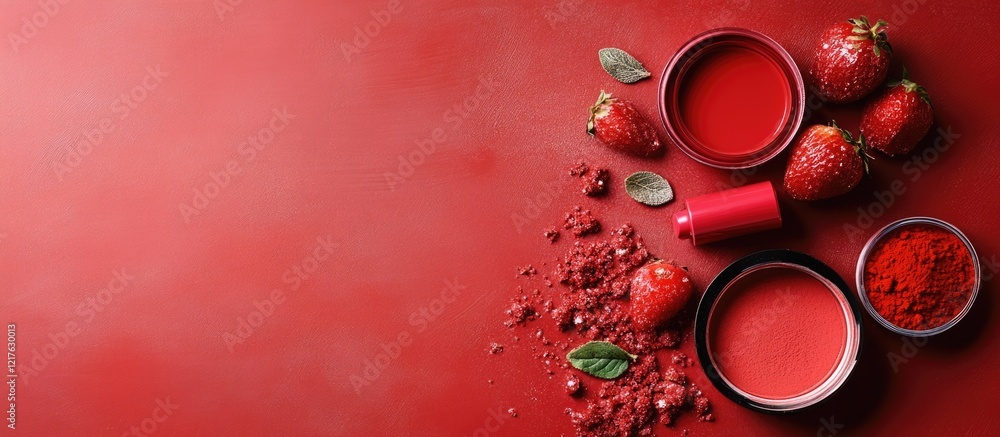 Poster strawberries and red cosmetics on red background with copy space for text or product placement