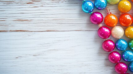 Colorful glossy beads on a rustic wooden background with copy space for text. Vibrant multicolored patterns and textures.