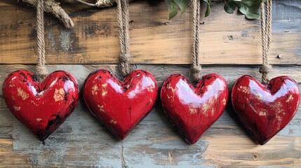 Decorative red heart ornaments hanging on rustic wooden background with jute string and greenery Copy Space
