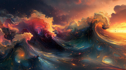 Mystical and mesmerizing, this abstract wave painting is a surreal landscape that evokes the vastness of the ocean's waves. created with digital mediums. Mystic Wave. Illustration