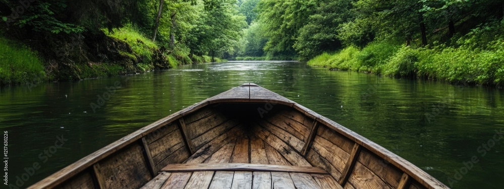 Poster wooden boat on calm river surrounded by lush greenery and trees in a tranquil natural setting withco