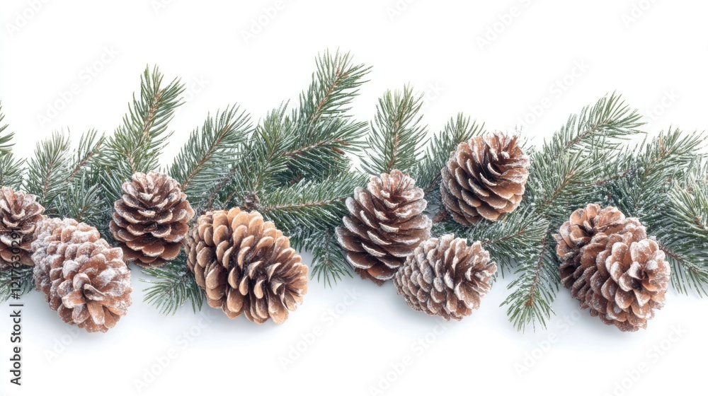 Poster pine branches with snow-dusted pinecones arranged on a white background with ample copy space for te