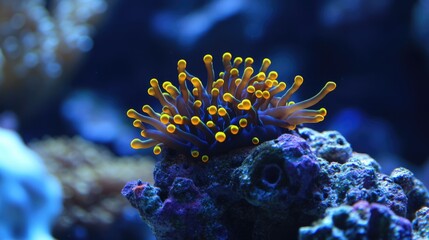 Colorful underwater coral with yellow tips surrounded by blue tones and blurred background, suitable for nature and marine life themes, Copy Space