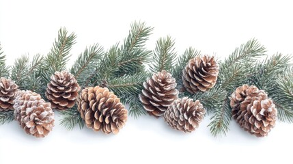 Fototapeta premium Pine branches with snow-dusted pinecones arranged on a white background with ample copy space for text