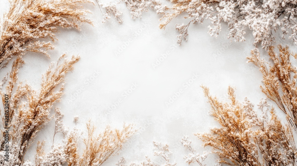 Poster dried grass and floral branches on light background with copy space for text or design elements