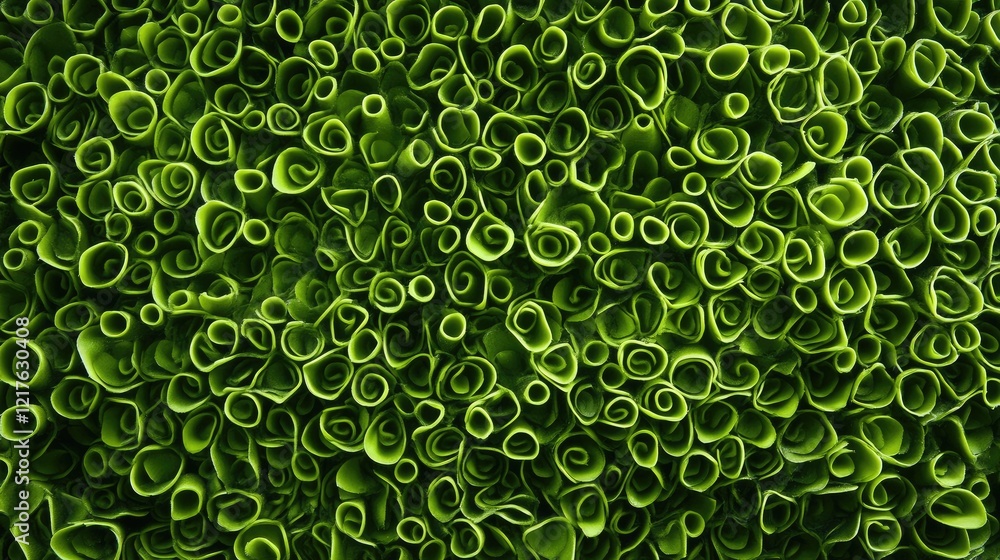 Poster green abstract background with rolled paper shapes or leaves in various sizes copy space