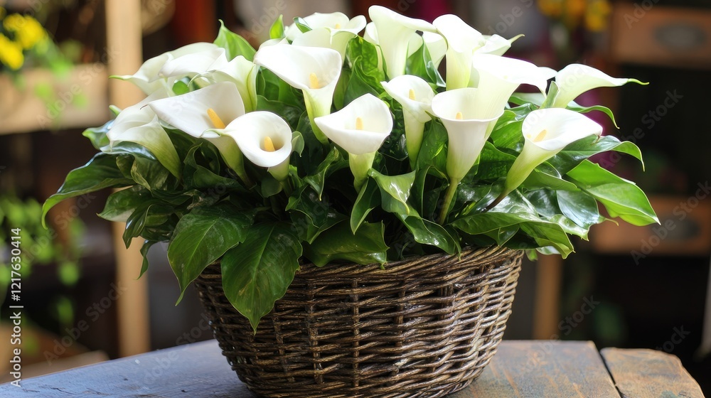 Aufkleber basket of white calla lilies with green leaves arranged for display creating a natural decor element