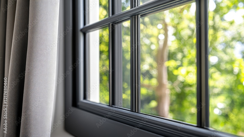 Poster modern window with black frames and textured curtains focusing on greenery outside blurred backgroun
