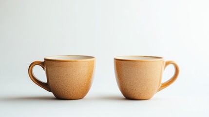 Two ceramic cups with a textured finish placed side by side on a white background with ample copy space.