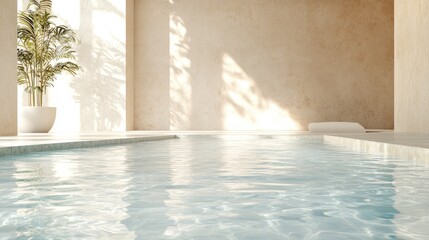 Fototapeta premium Indoor swimming pool with clear water and natural light illuminating a minimalistic space with a potted plant and Copy Space.
