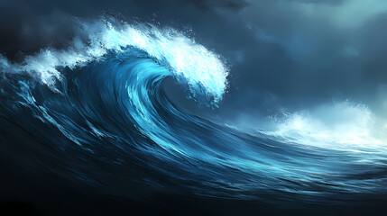 Swirling abstract blue wave amidst dark, mysterious waters, dark blue, ocean, moody. Mystic Wave. Illustration