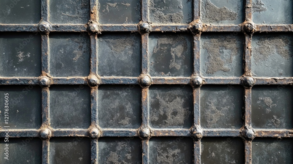 Aufkleber rustic metal grid texture with weathered patina and visible wear on a dark surface, with ample copy 