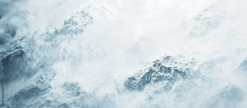 Poster Stormy ocean waves with mist and clouds in a cool color palette featuring space for text.