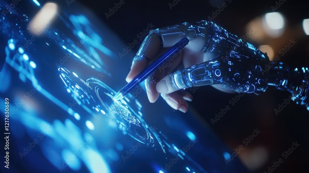 Aufkleber an extreme closeup of a hand gripping a stylus tracing movements on a touchsensitive pad while a rob