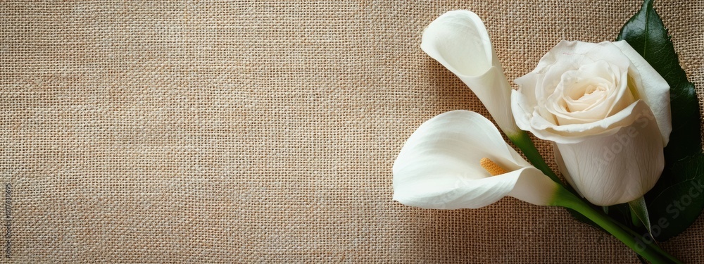 Aufkleber fresh white calla lilies and a rose on rustic burlap background with ample copy space for text.