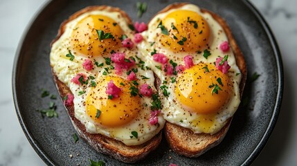 Sliced toasted bread topped with sunny side up eggs, pink seasoning, and fresh herbs on a black plate with copy space
