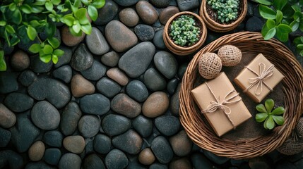 Decorative arrangement of wrapped gifts and potted plants on smooth black stones with Copy Space for text placement.