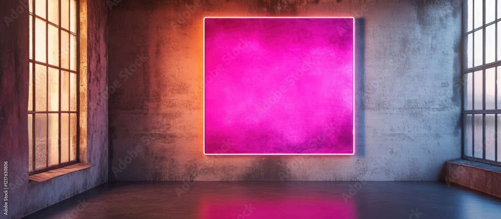 Poster colorful abstract artwork in modern gallery setting with concrete walls and large windows, illuminat
