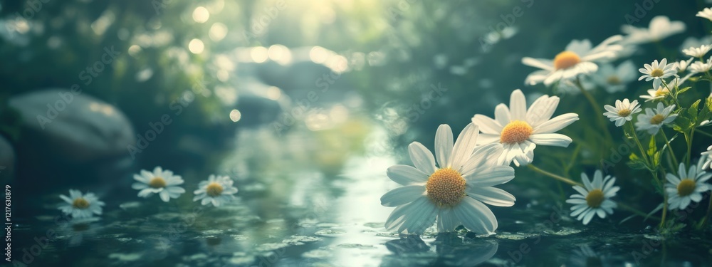 Poster daisies floating on a tranquil water surface with rocks and soft sunlight in the background copy spa