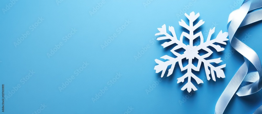 Poster white snowflake on a blue background with ribbon and ample copy space for text or design elements