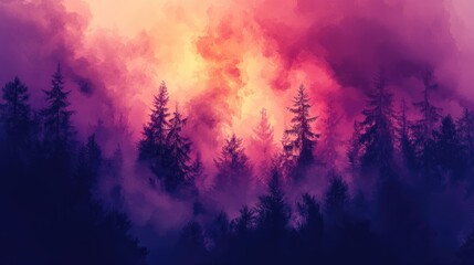 Colorful foggy forest landscape at sunset with silhouettes of pine trees and vibrant sky hues Copy Space