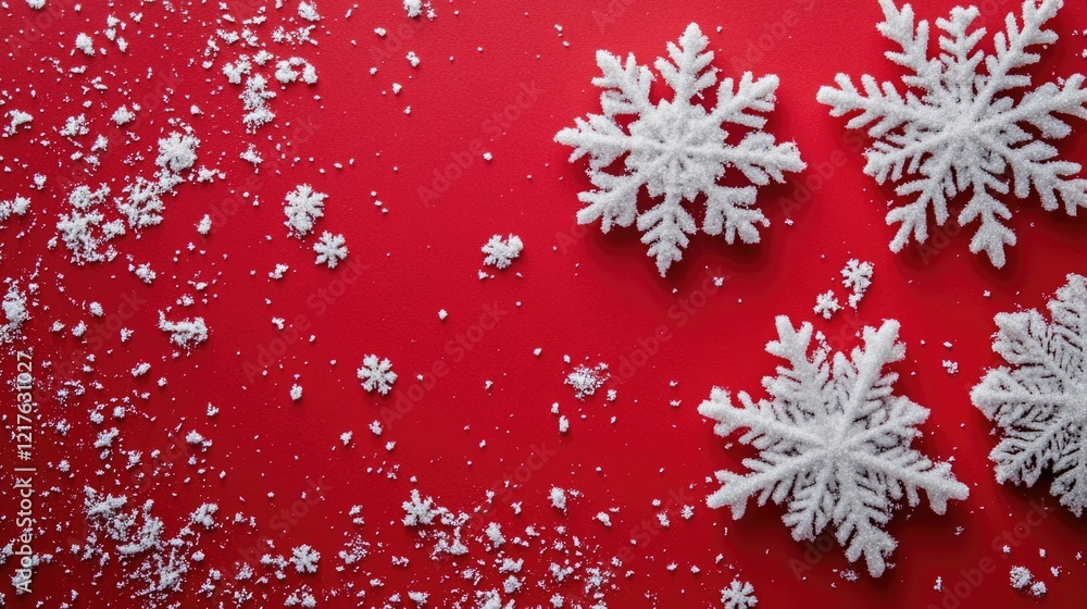 Poster artificial snowflakes scattered on a red background with empty space for text or design elements cop