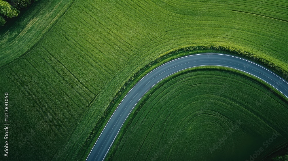 Poster aerial view of a winding road through lush green fields with cultivated patterns and tree line in th
