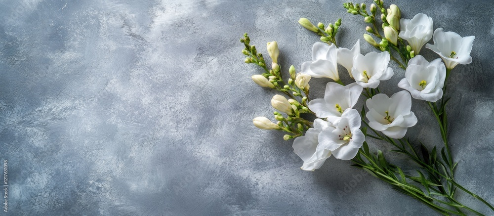 Poster white freesia flowers arranged on a textured gray background with copy space for text placement