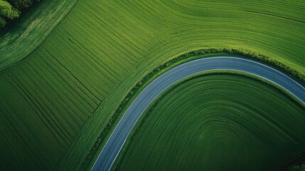 Aerial view of a winding road through lush green fields with cultivated patterns and tree line in the background, Copy Space.