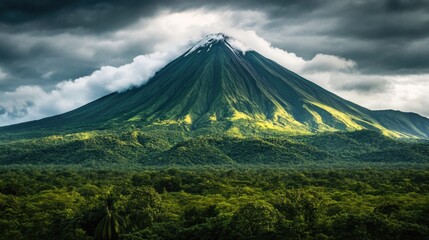 Fototapeta premium Majestic volcano towering over lush green forest under a cloudy sky with dramatic lighting and clear Copy Space for text placement