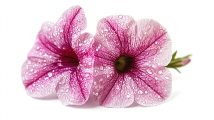 Close-up of two pink petunia flowers with droplets of water on petals isolated on white background Copy Space