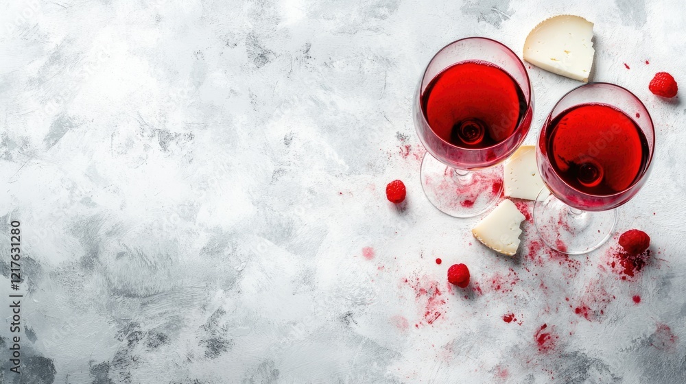 Poster two glasses of red wine with cheese slices and raspberries on a textured background with copy space 